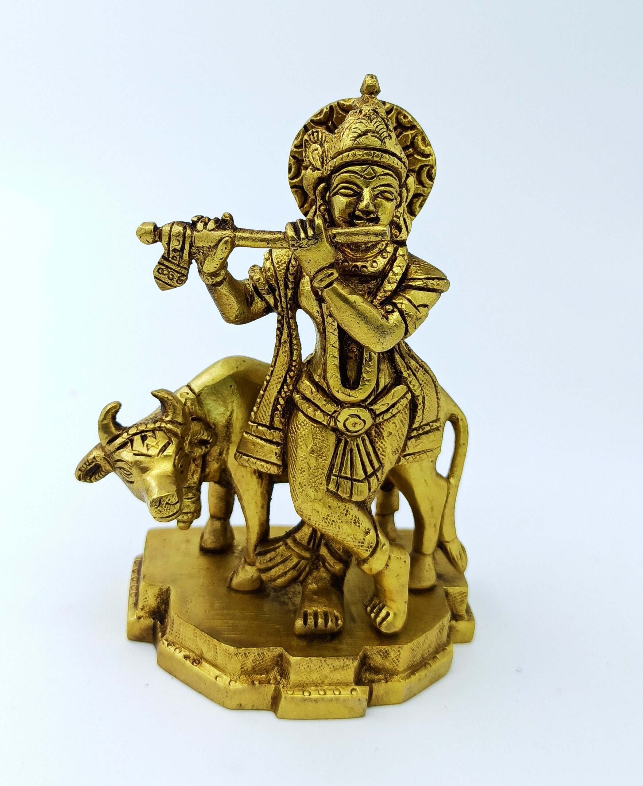 Krishna Idol with Flute and Cow brass 12 cm